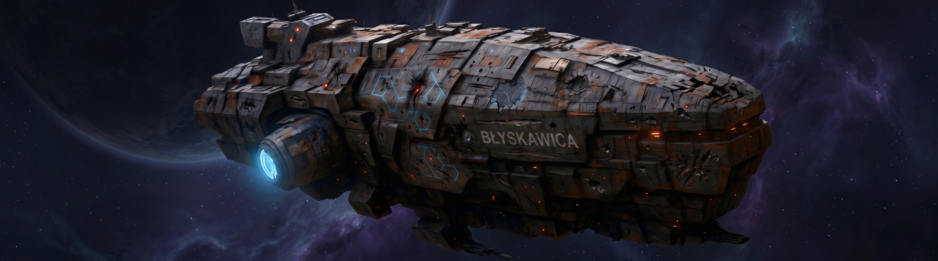 The warship Błyskawica holding station in deep space